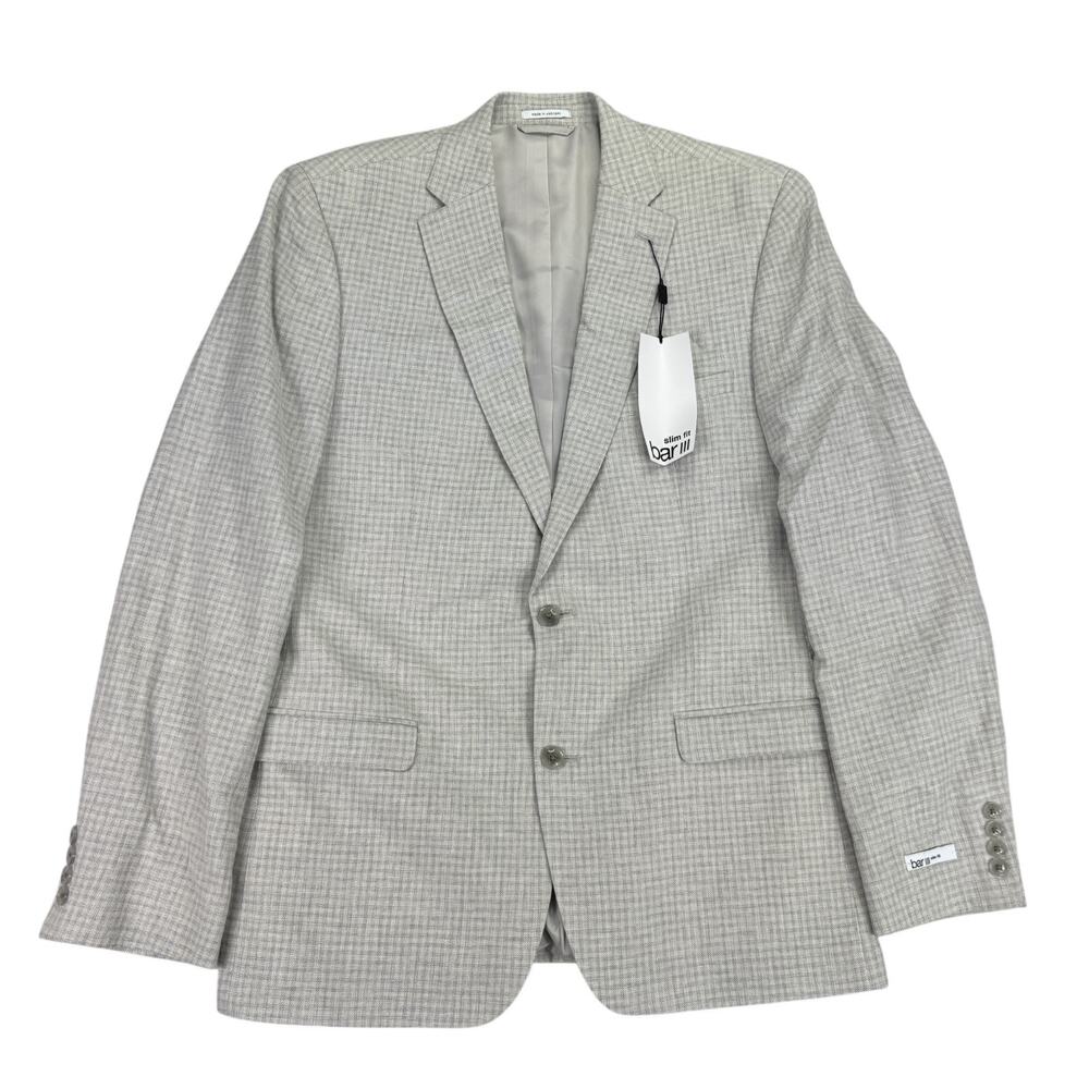 Bar III Mens Linen Blend Slim Fit Plaid Sport Coat Natural Gray 44L